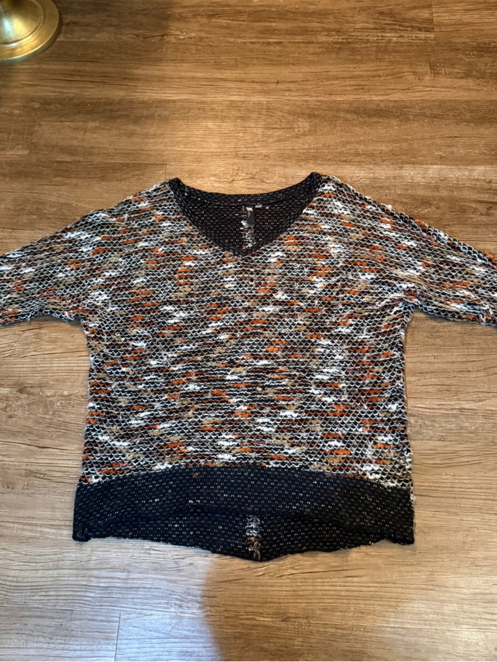 Kut from the Kloth Open-Knit V-Neck Sweater in Black, White & Brown